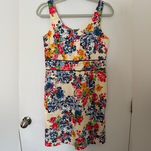 Tristan Cream Floral Midi Dress with Blue, Pink and Yellow Blooms Size 8